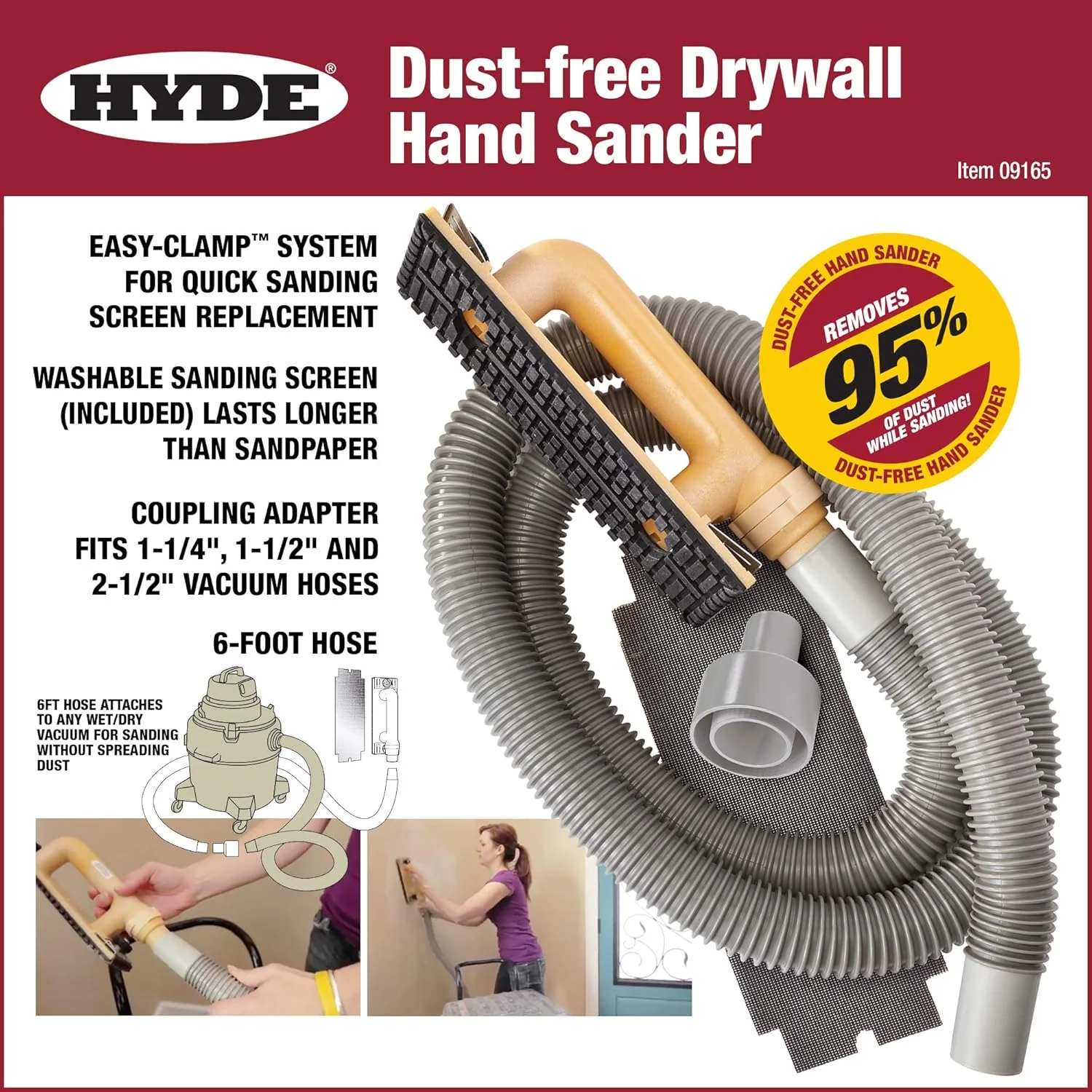 Hyde 09165 Dust-Free Drywall Vacuum Hand Sander with 6-Foot Hose - Image 3