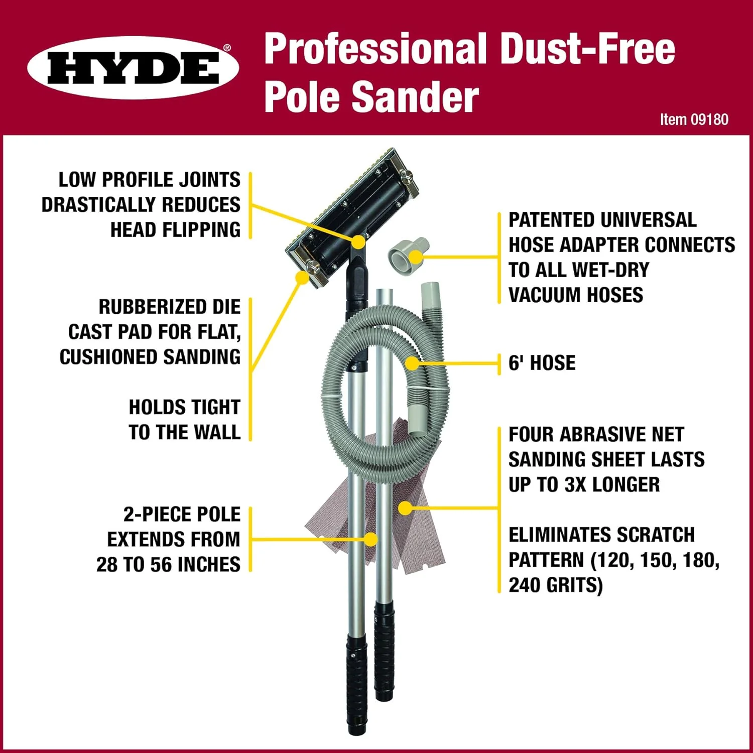 HYDE 09180 Dust-Free Vacuum Sander, Professional Pole Sander - Image 3